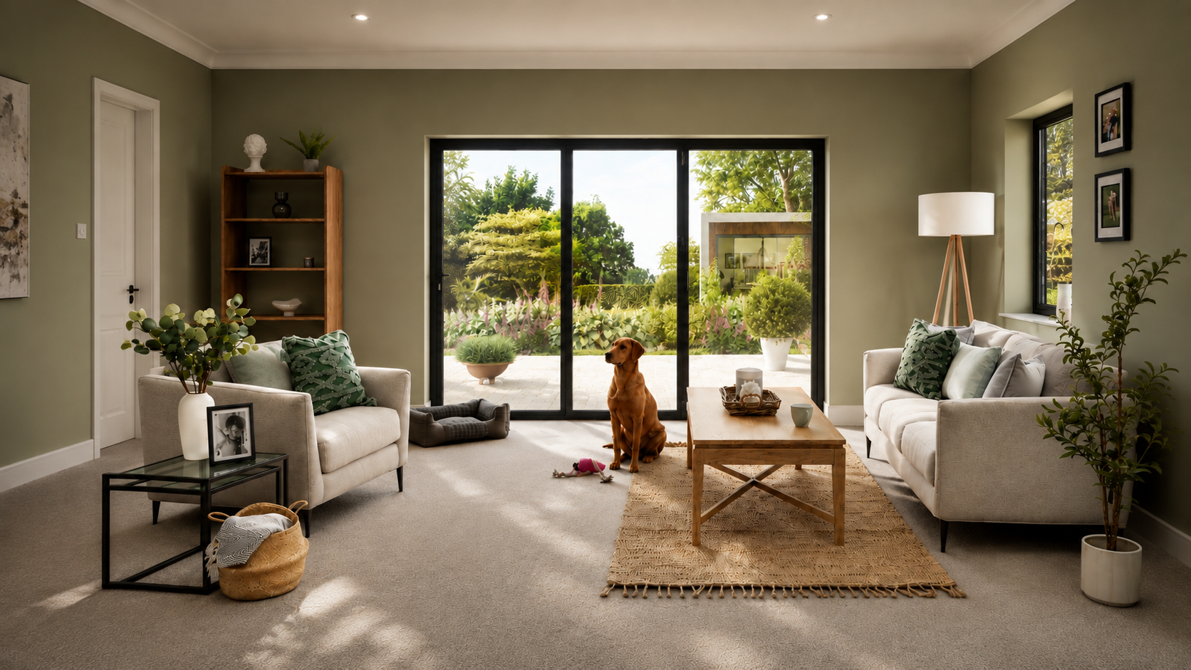Bright, spacious Dubai home renovation with sage walls, black-framed sliding doors, neutral furniture and a garden view.