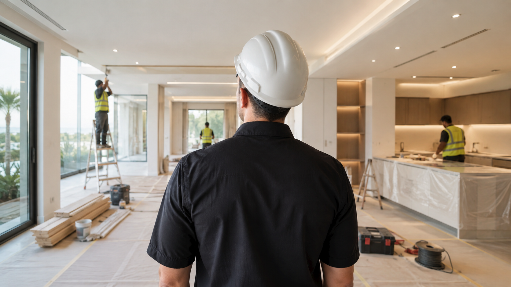 Contractor in a white safety helmet overseeing a home renovation in Dubai, with workers carrying out fit-out work in a modern interior.