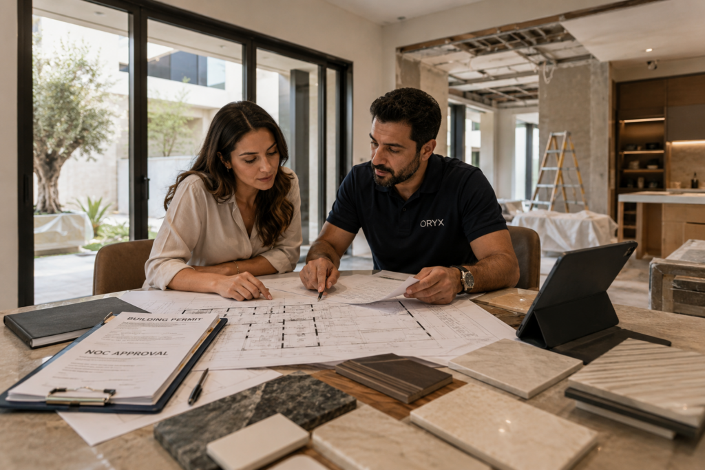 Homeowner and Oryx representative reviewing villa renovation plans and approvals in Dubai